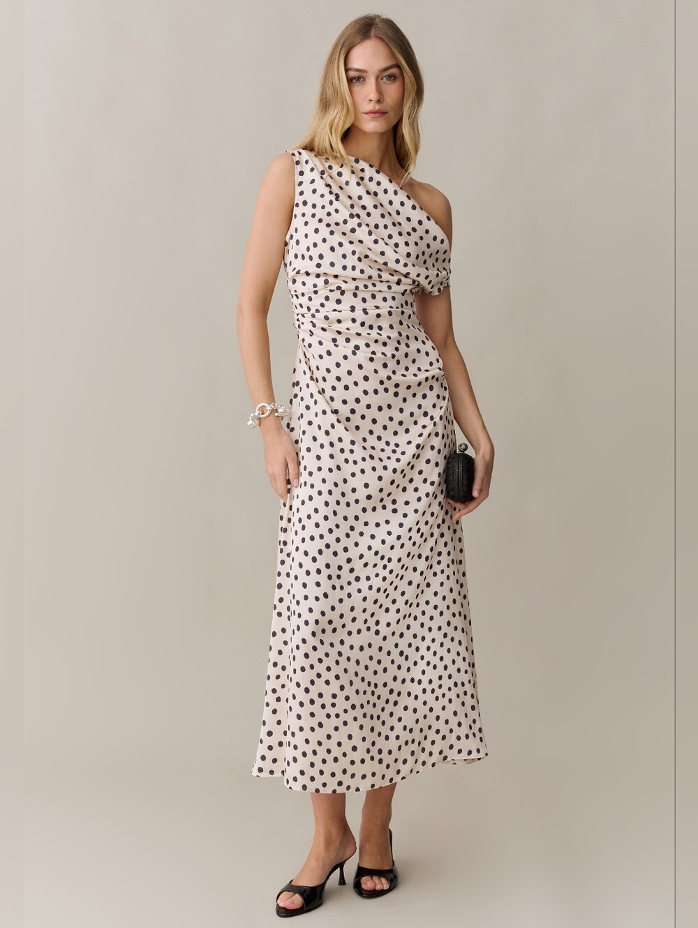 Few Moda O.P.T Verity One-Shoulder Polka Dot Midi Dress in Cream and Black